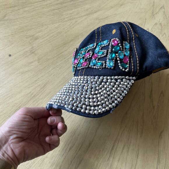 Rhinestone Baseball Hat Blue Denim with Studs Distressed Bling Cap “Queen” Y2K - Picture 13 of 13